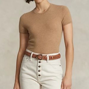 Polo Ralph Lauren Cashmere Short-Sleeve Crewneck Sweater in Camel Melange (S)